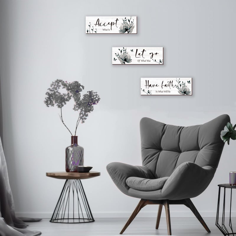 ONIZHITY 3 Pcs Black And White Bathroom Decor Rustic Flower Black Wall Art Accept Let Go Have Faith Farmhouse Bedroom Wall Decor Wooden Inspirational Quotes Grey Decoration for Living Room(Black 12 x 4 Inches) - Image 3